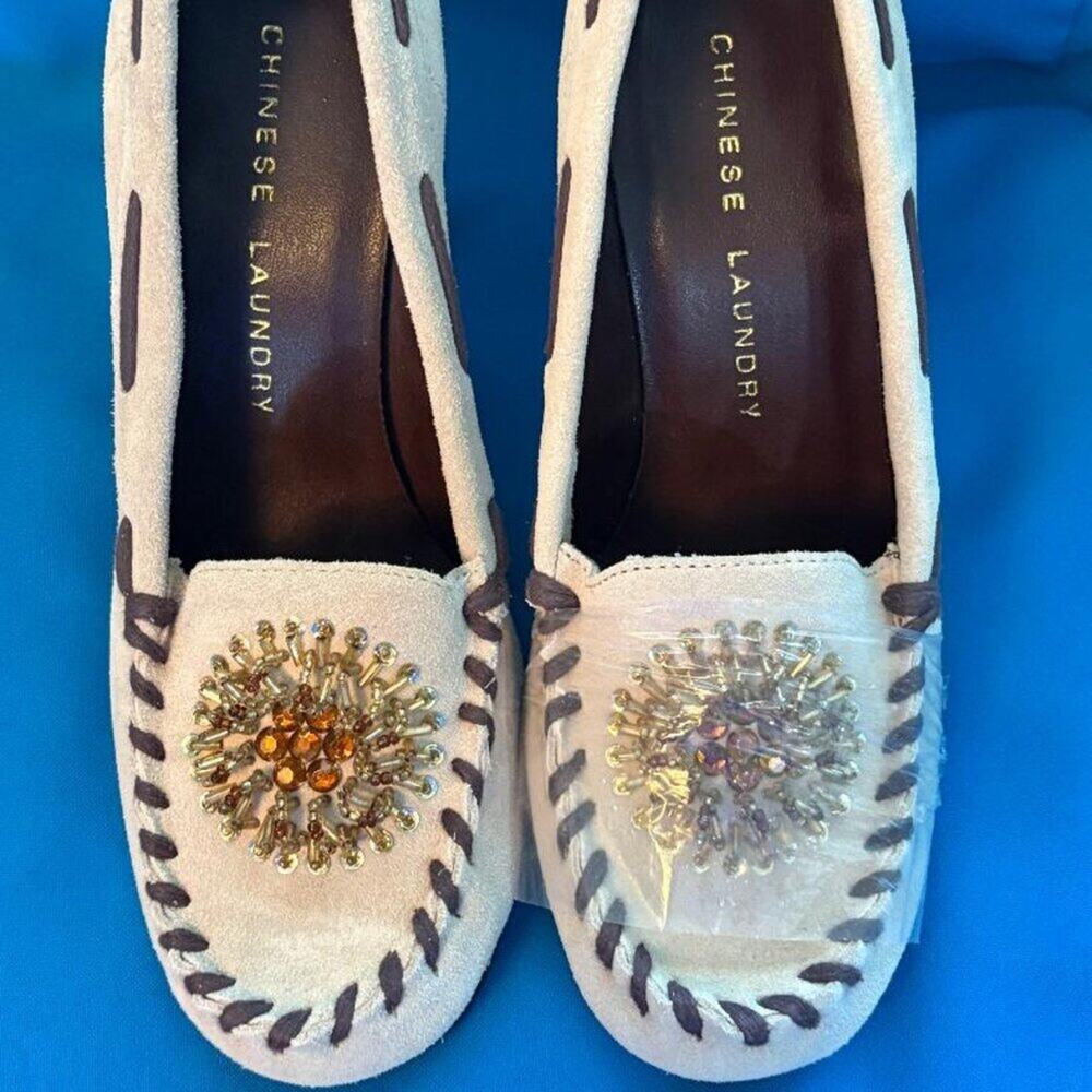 Chinese Laundry Cammie Moc Toe Heels Beaded Suede Women’s 8M 8.5M
